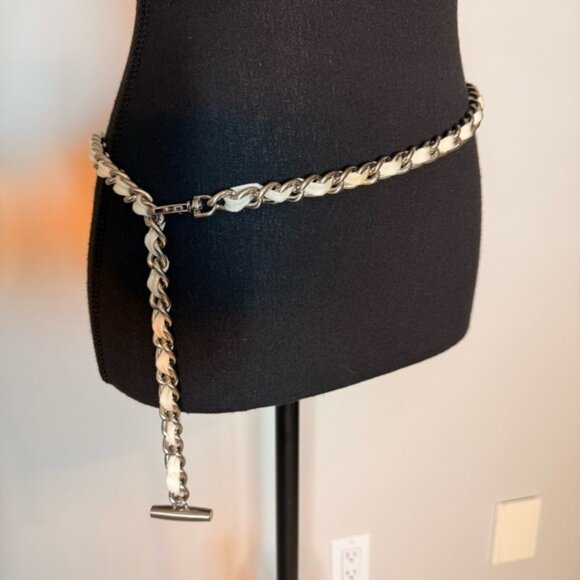 Silver Chain Belt with White Fabric Lacing Braided Weaved Y2K 90s - Picture 7 of 7